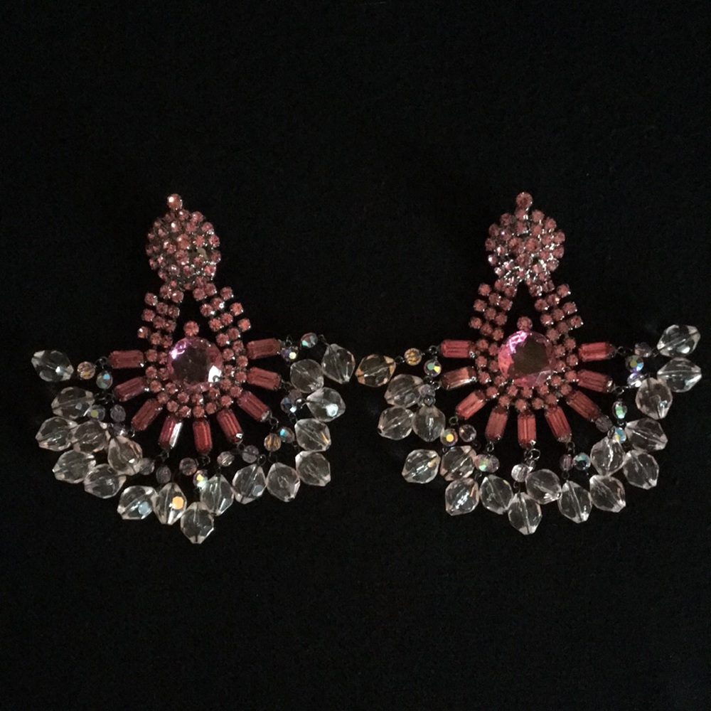 LAWRENCE VRBA Designer Pink Crystal Statement Earrings - Elegant Sparkling Drop